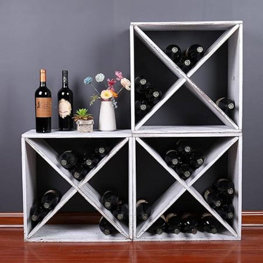 24-Bottle Wine Rack, Rustic Wooden Storage Cube, Weathered White - Picture 7 of 7